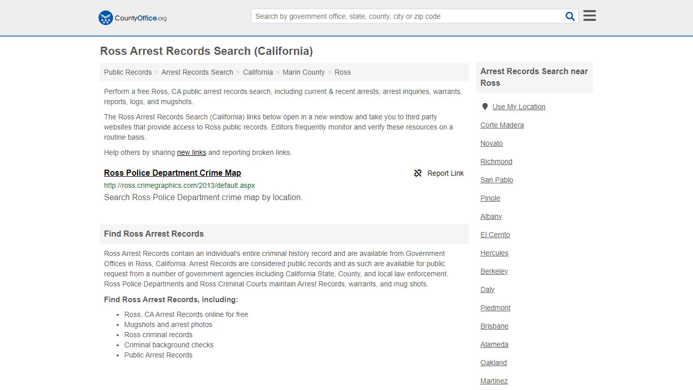 Arrest Records Search - Ross, CA (Arrests & Mugshots) - County Office